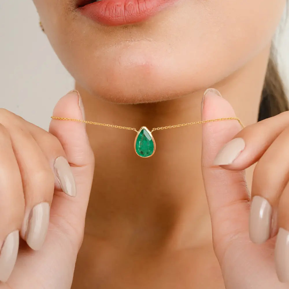 May Birthstone Natural Pear Cut Emerald 14K Real Yellow Gold Chain Necklace