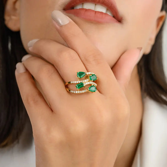 Designer Jewelry Natural Emerald & Diamond Solid Yellow Gold Statement Ring