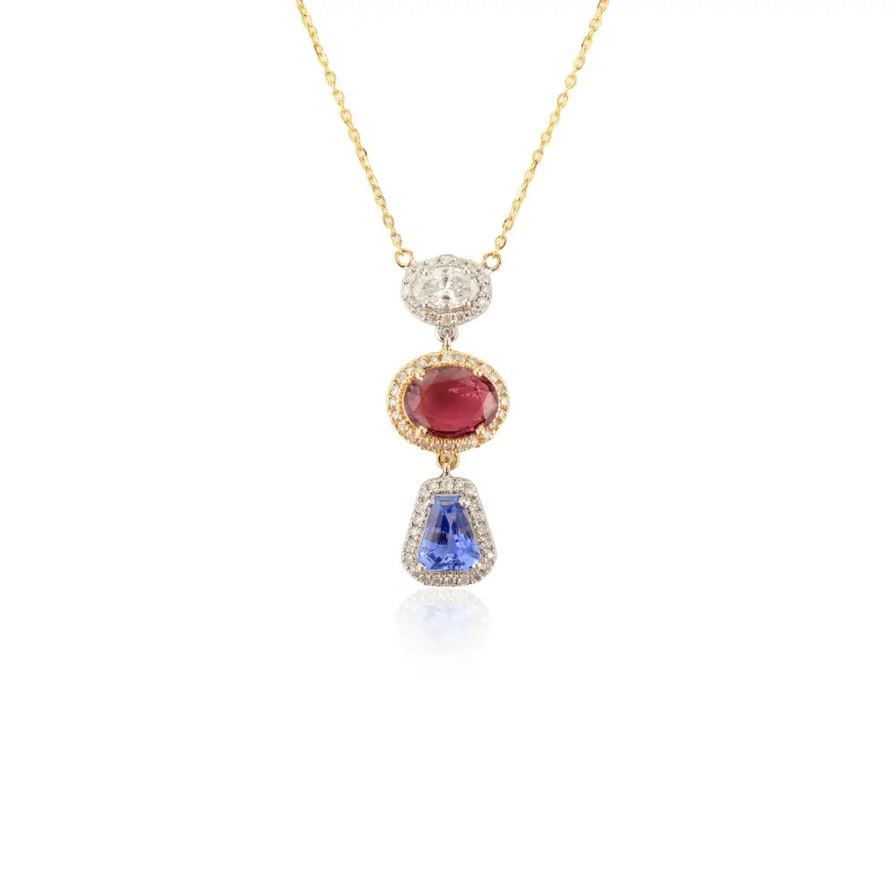 Multi Sapphire & Diamond Solid 18K Yellow Gold Charm Chain Pendant Necklace