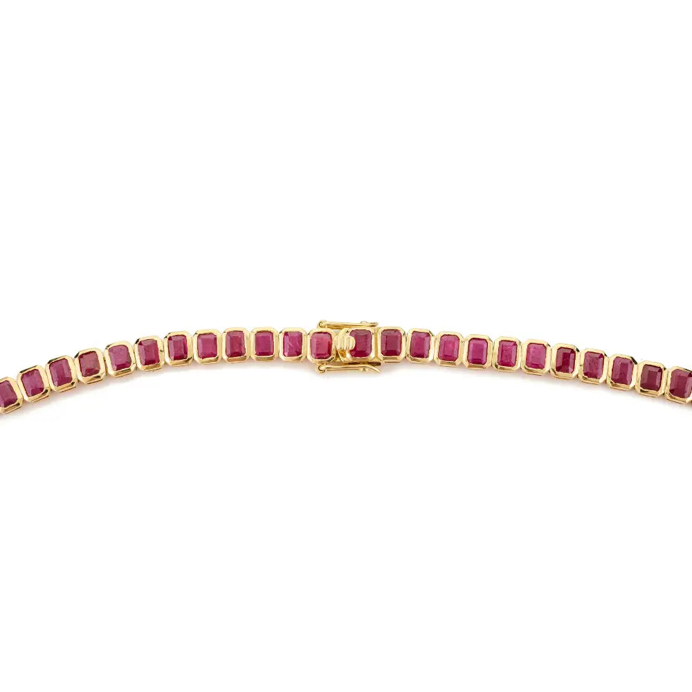 July Birthstone Natural Ruby 18K Yellow Gold Bezel Setting Tennis Necklace