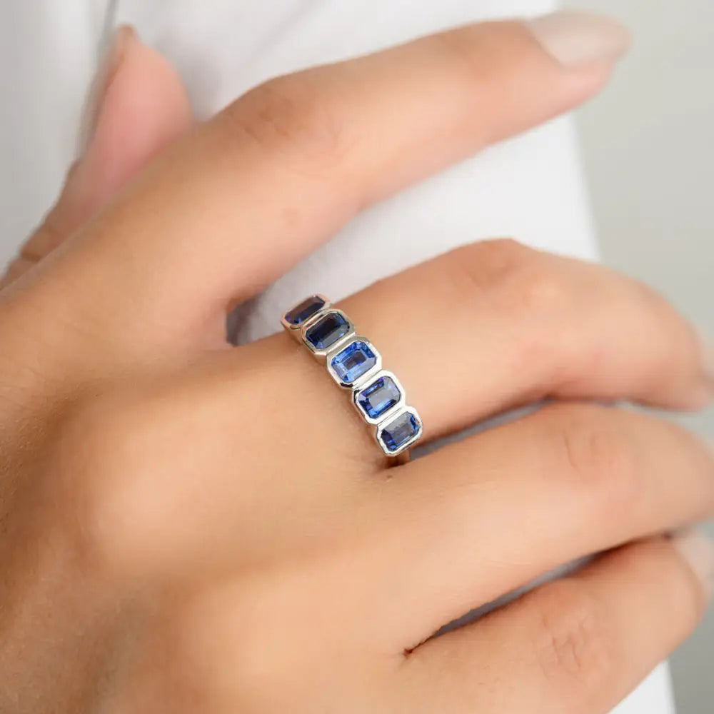 Precious Gemstone Natural Blue Sapphire 18K White Gold Half Eternity Band Ring