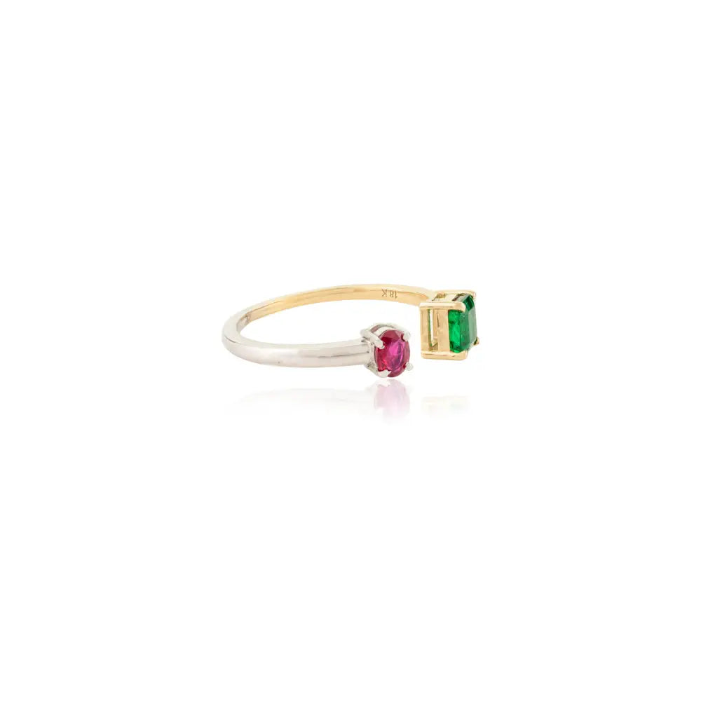 Emerald and Ruby Minimalist Two Stone 18K Authentic Gold Open Ring