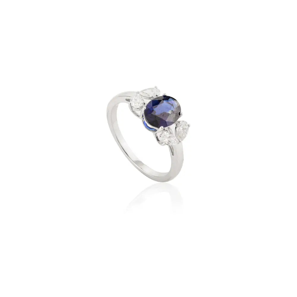 Real Gemstone Jewelry Natural Blue Sapphire & Diamond Solid 18K Gold Ring