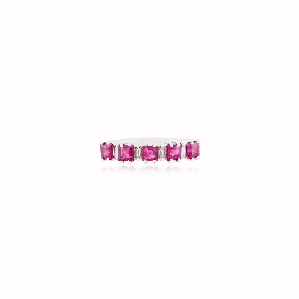 July Birthstone Ruby & Diamond 14K Real White Gold Half Eternity Band Ring Stack Jewelry