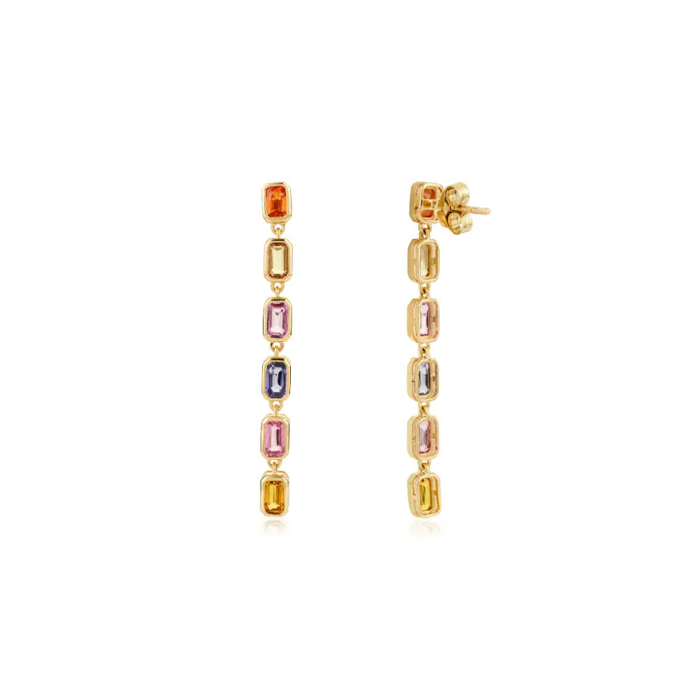 Rainbow Colorful Multi Sapphire Pure 14K Yellow Gold Long Dangling Earrings Trending Jewelry