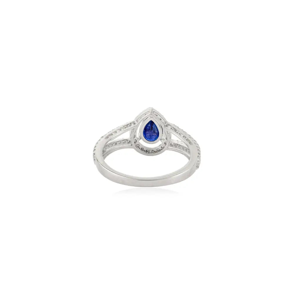 Latest Design Fine Blue Sapphire & Diamond Split Shank Ring 14K Pure White Gold Jewelry
