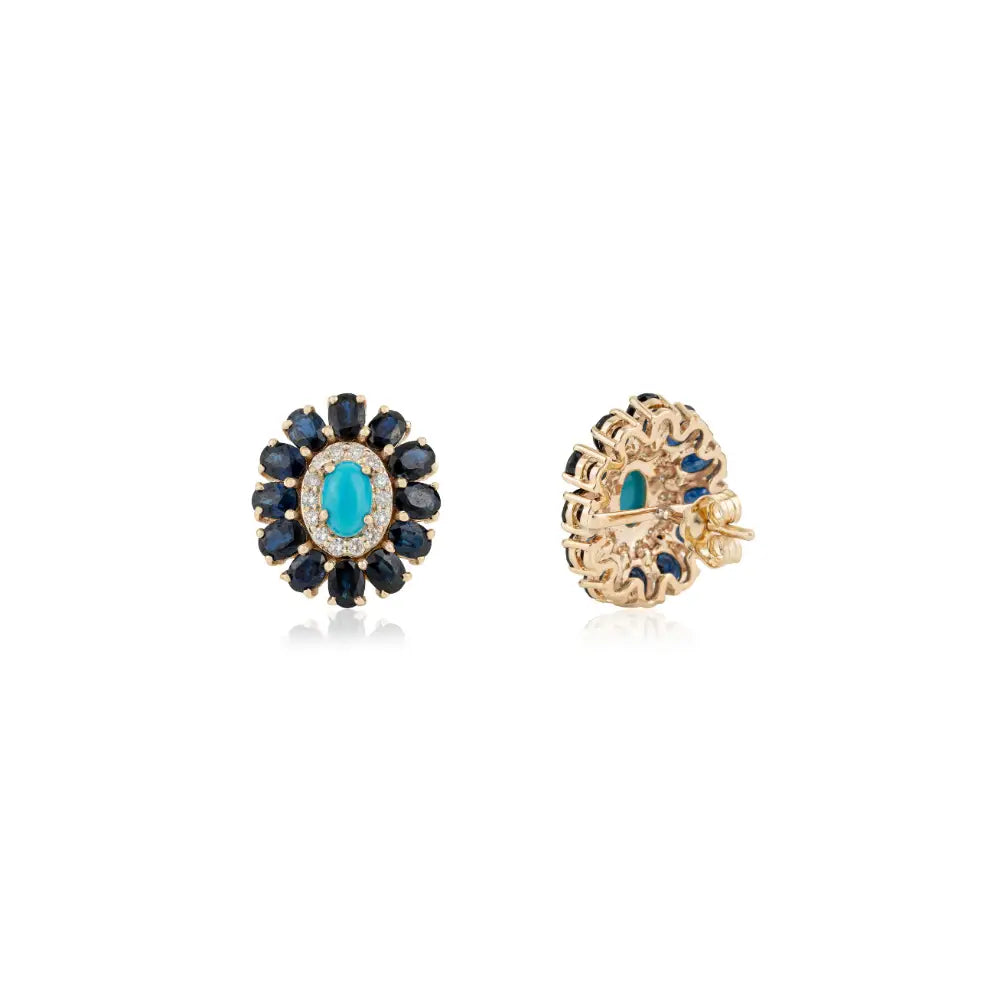 Natural Gemstone Blue Sapphire Turquoise & Diamond K14 Yellow Gold Halo Floral Stud Earrings