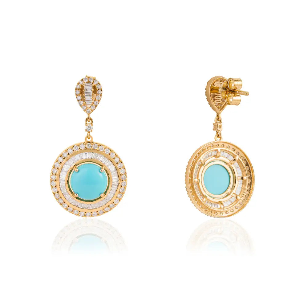 Cabochon Cut Turquoise & Diamond Double Halo Drop Earrings For Wedding 14K Yellow Gold