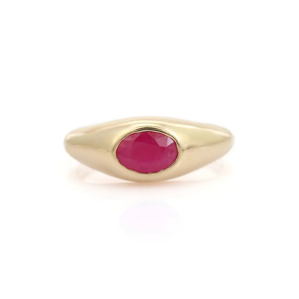 Best Selling Products 14K Real Yellow Gold Ruby Gypsy Set Signet Ring Trending Jewelry