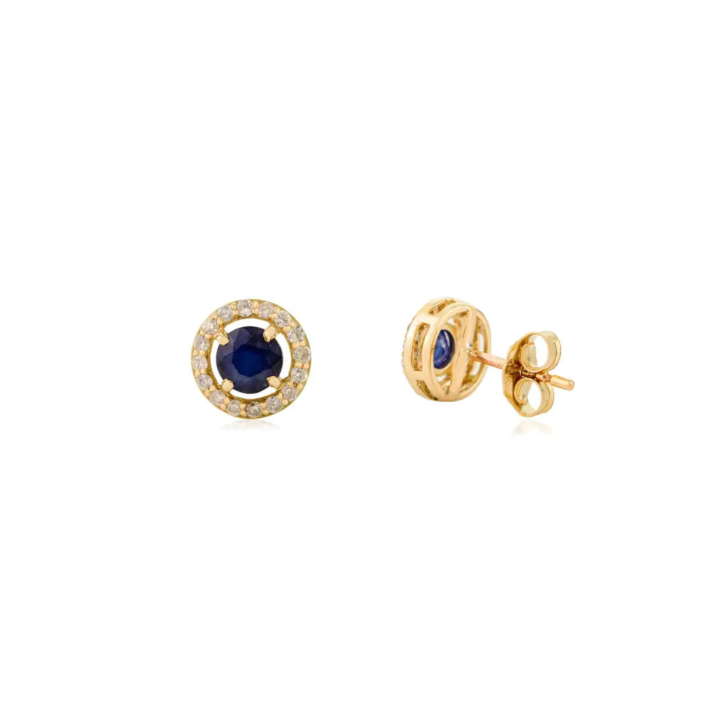 Simple Design 14K Solid Gold Blue Sapphire & Diamond Round Shape Halo Stud Earrings