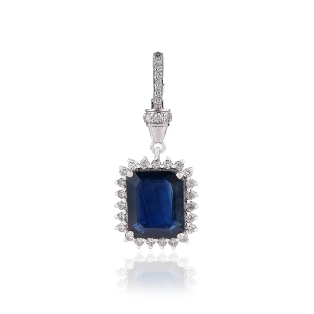 Blue Sapphire & Diamond Openable Lock Statement Cluster Pendant Newly 14K White Gold Jewelry