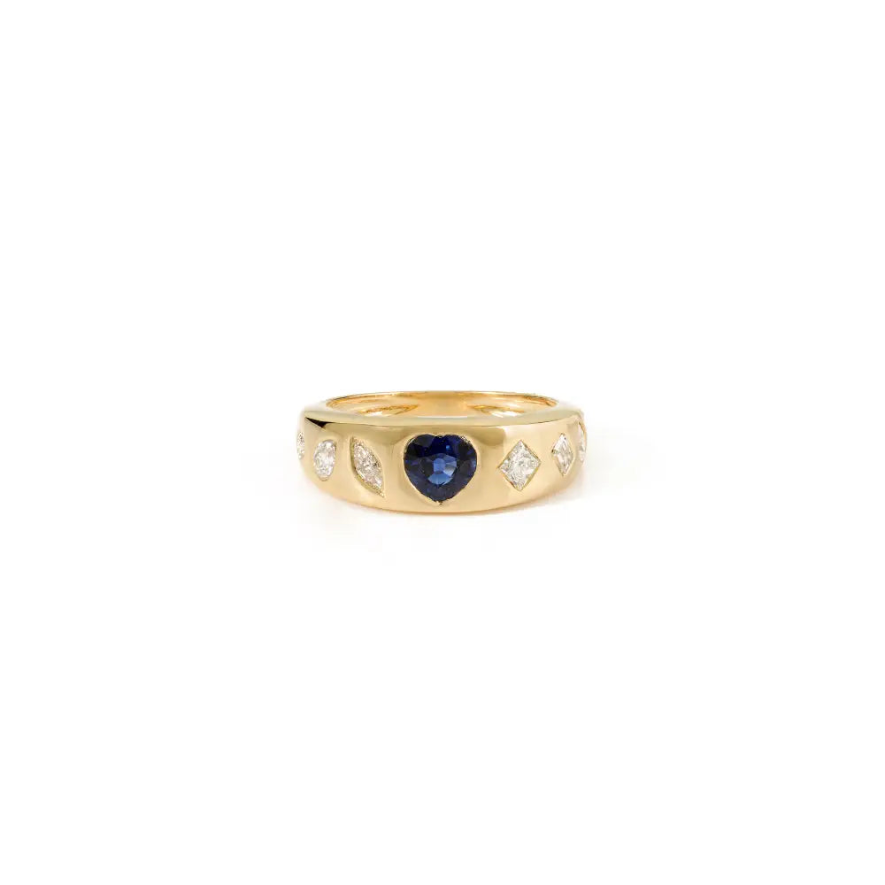 Heart Shape Blue Sapphire & Diamond Gypsy Set Signet Ring Solid K18 Yellow Gold Trendy Jewelry