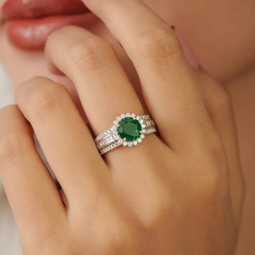 Statement Emerald & Diamond 14K Real Yellow Gold Wedding Band Ring New Arrivals Jewelry