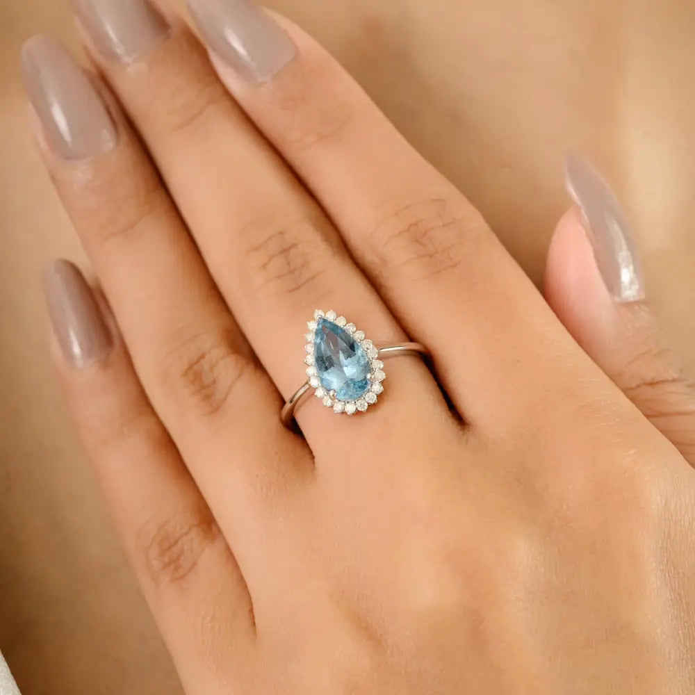 Pear Cut Aquamarine & Diamond Statement Cluster Ring Trending 14K White Gold Wedding Jewelry