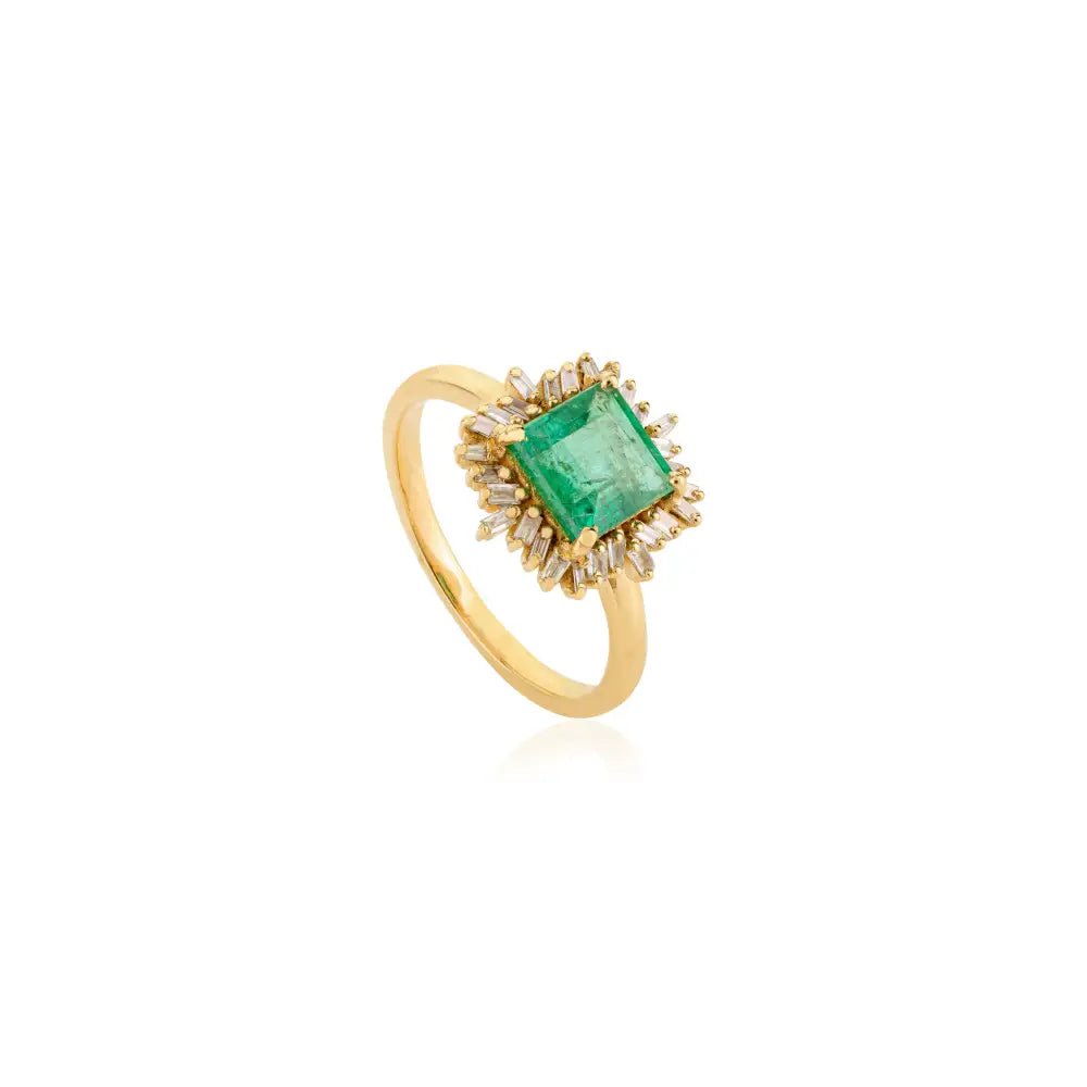 Minimal Design Prong Set Emerald & Diamond K18 Solid Yellow Gold Cluster Ring For Unisex