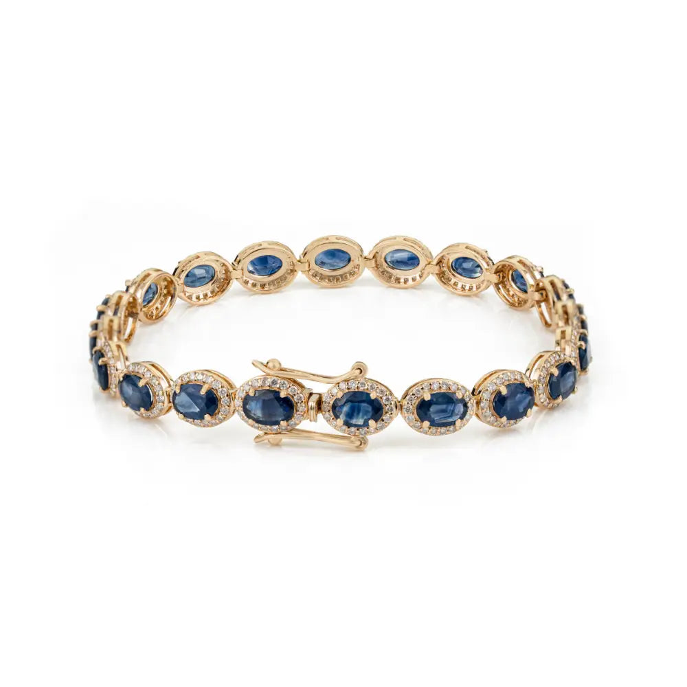 18K Solid Yellow Gold Blue Sapphire & Diamond Halo Tennis Bracelet Statement Bulk Jewelry