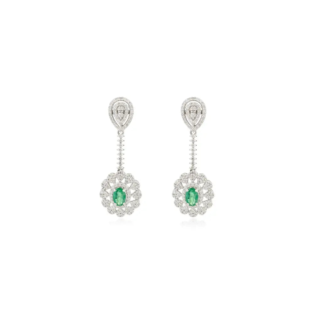 Statement Fine Jewelry Natural Emerald & Diamond Dangle Earrings Real K14 White Gold