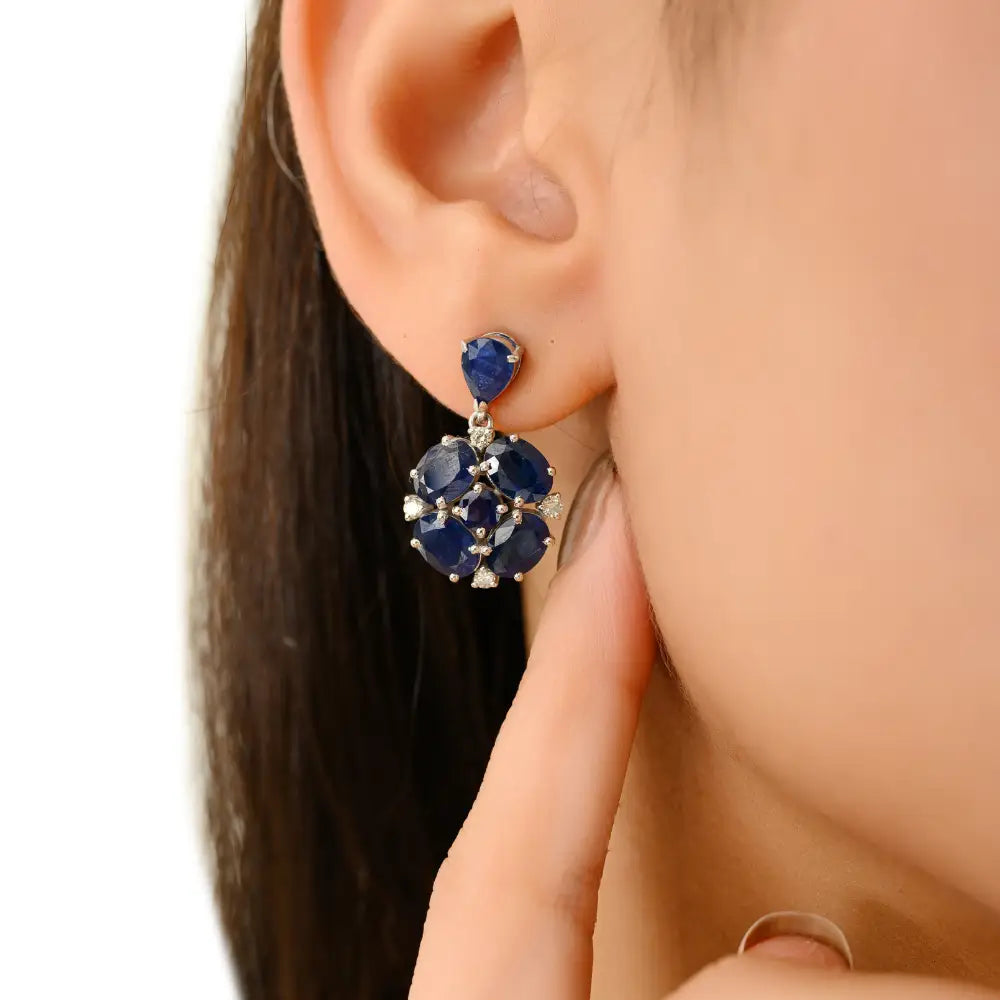 Handmade Blue Sapphire & Diamond Real K14 White Gold Wedding Drop Earrings Custom Jewelry