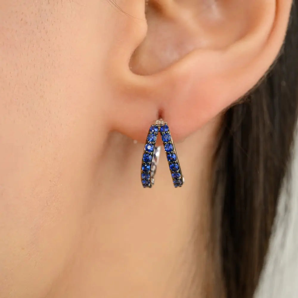 September Birthstone Natural Blue Sapphire Solid 14K White Gold Hoop Earrings