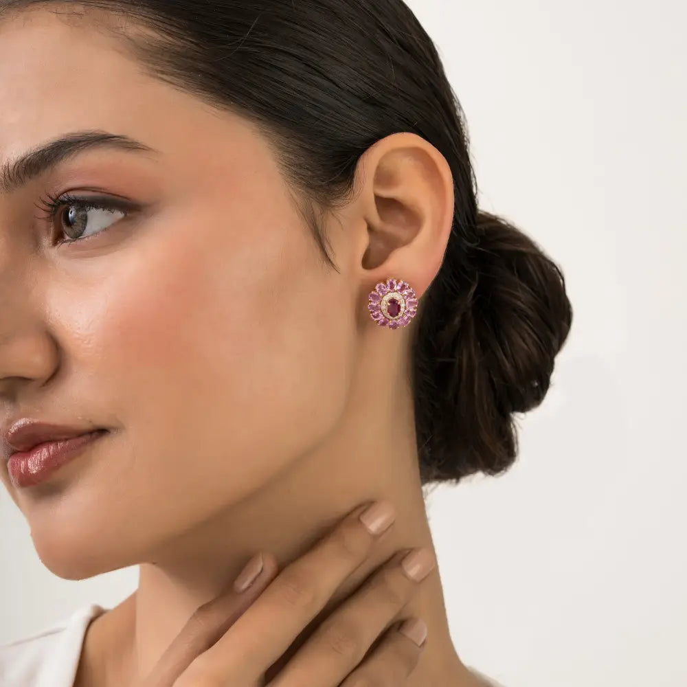 Ruby Pink Sapphire & Diamond Statement Floral Shape Halo Stud Earrings 14K Pure Yellow Gold