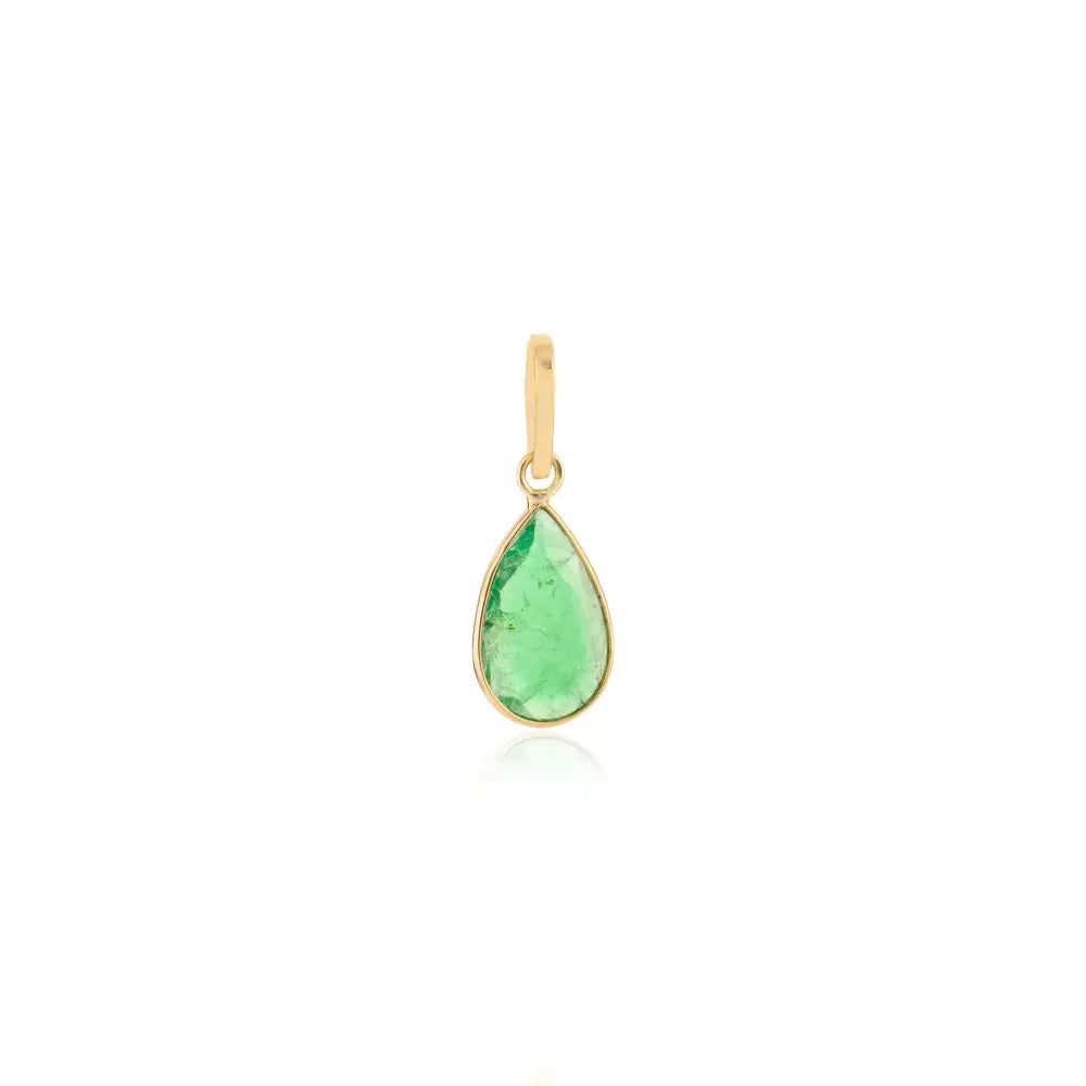 Minimal Pear Shape Emerald Single Stone Pendant Real K14 Yellow Gold Everyday Jewelry