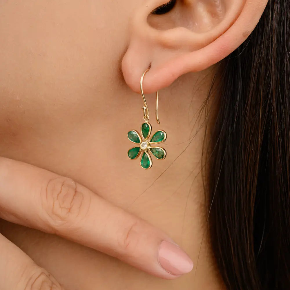 Floral Design Emerald & Diamond Drop Earrings in 18k Solid Yellow Gold