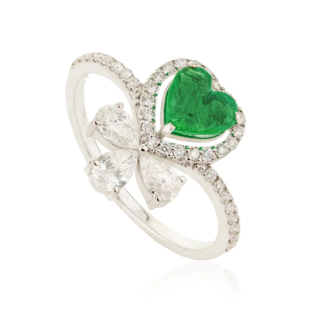 Heart Shape Emerald & Diamond Unique Statement Ring Pure K18 White Gold Bulk Jewelry