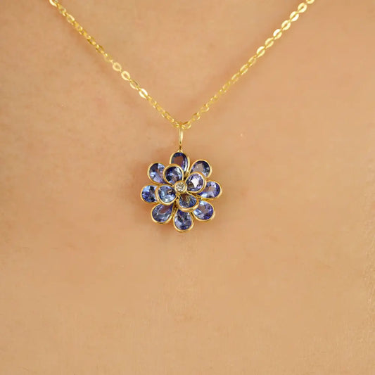 Bezel Set Tanzanite & Diamond K18 Real Yellow Gold Flower Shape Pendant Elegant Jewelry