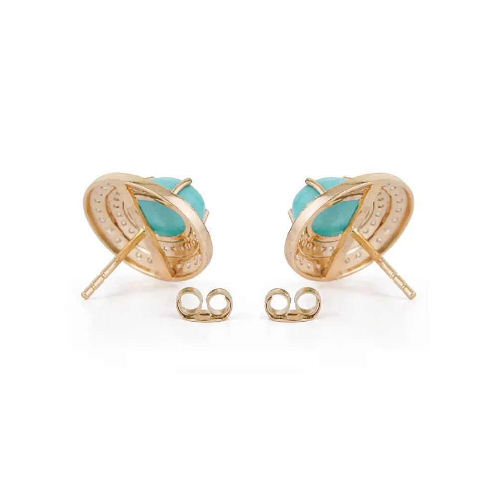 9x6mm Oval Cut Turquoise & Diamond Handmade Double Halo Stud Earrings 14K Yellow Gold
