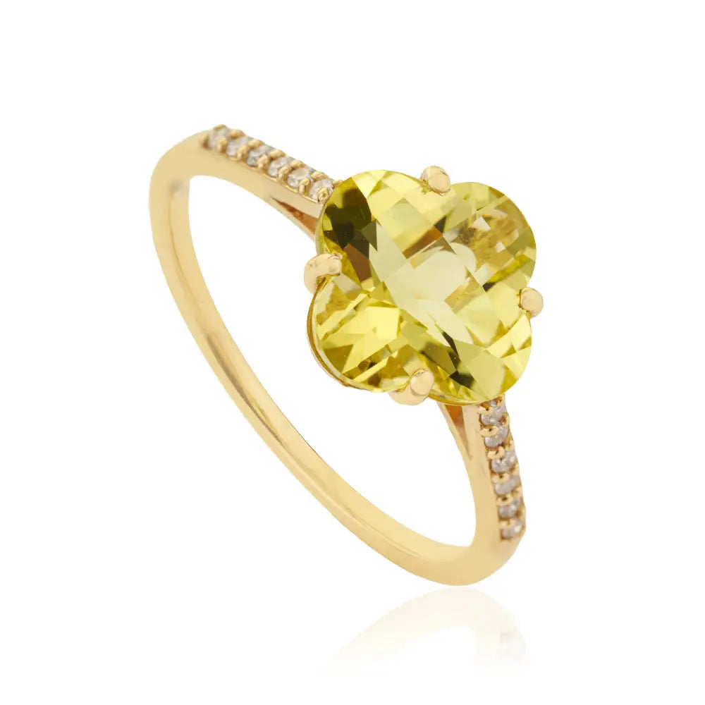 Semi Precious Gemstone Lemon Topaz & Diamond Flour Leaf Clover Shape Ring 14K Gold