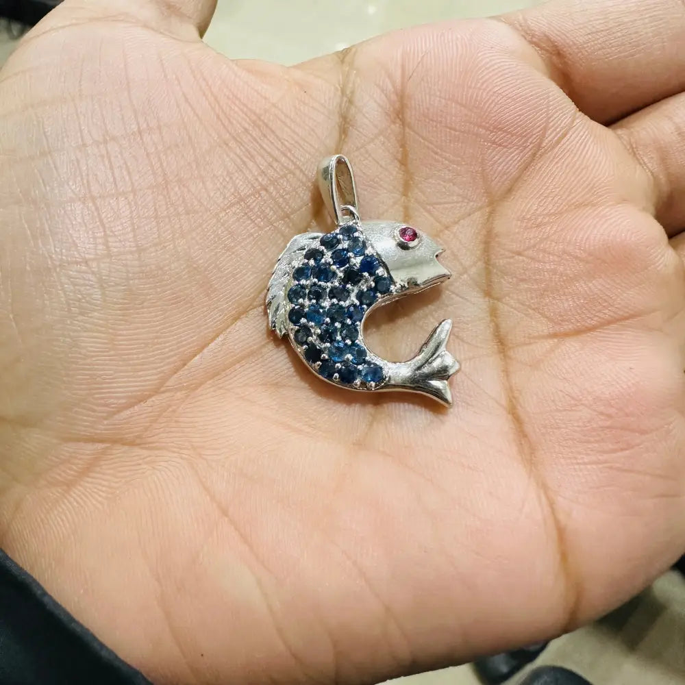 Handmade Fine Jewelry Supplier Blue Sapphire & Ruby Dolphin Shape Pendant In 925 Sterling Silver