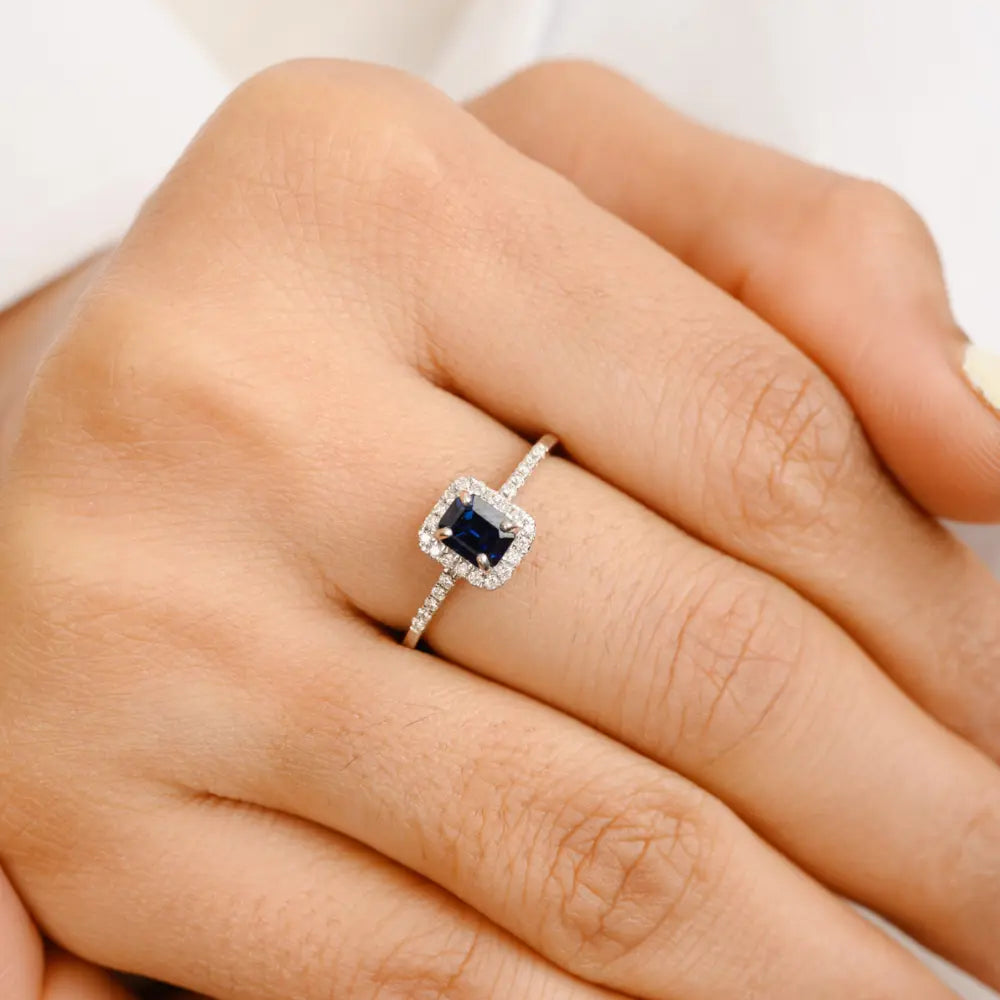 Genuine Precious Gemstone Blue Sapphire & Diamond 18K Solid White Gold Ring