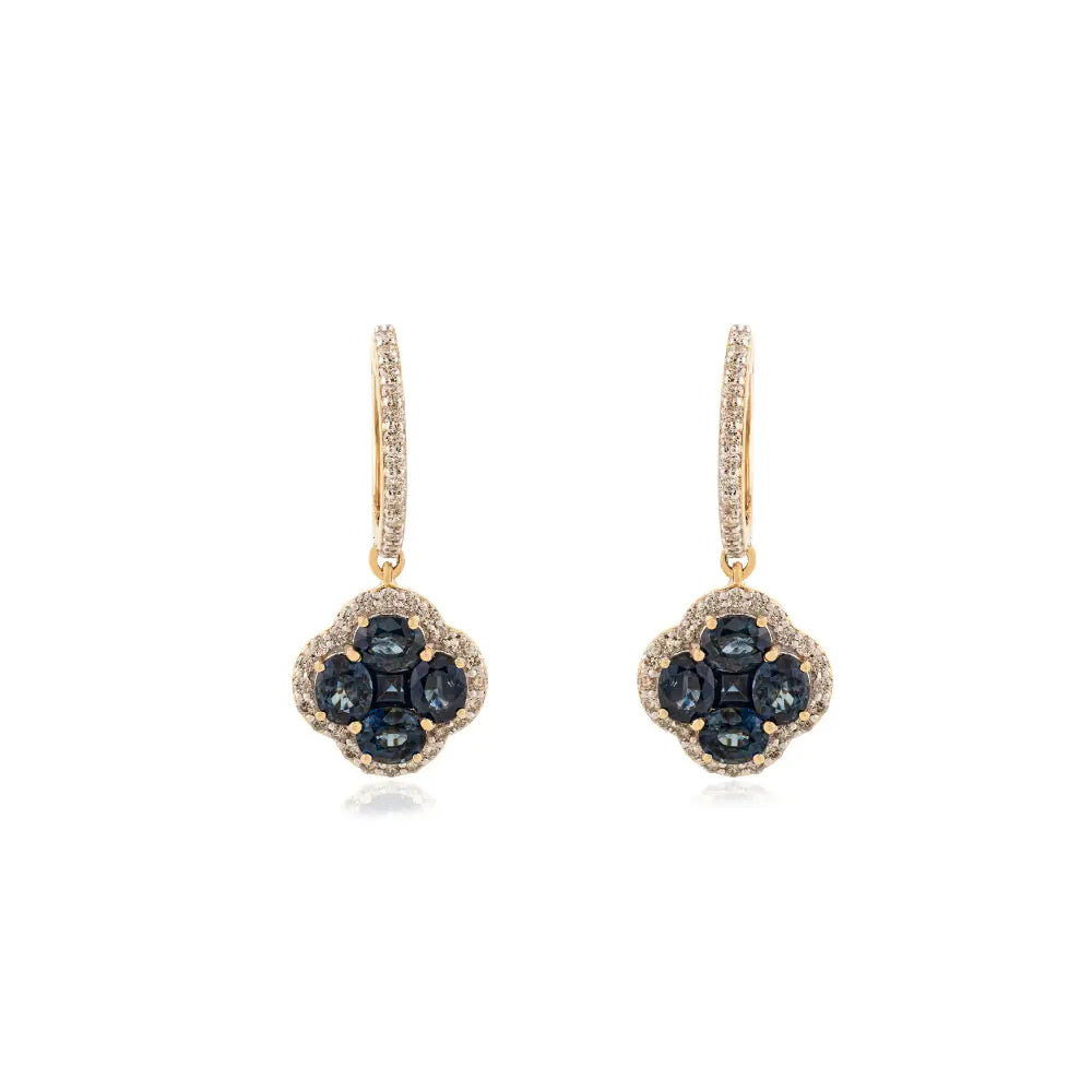 4.55 Ct. Blue Sapphire Gemstone & Diamond Clover Hoop Charm Drop Earrings 14K Gold
