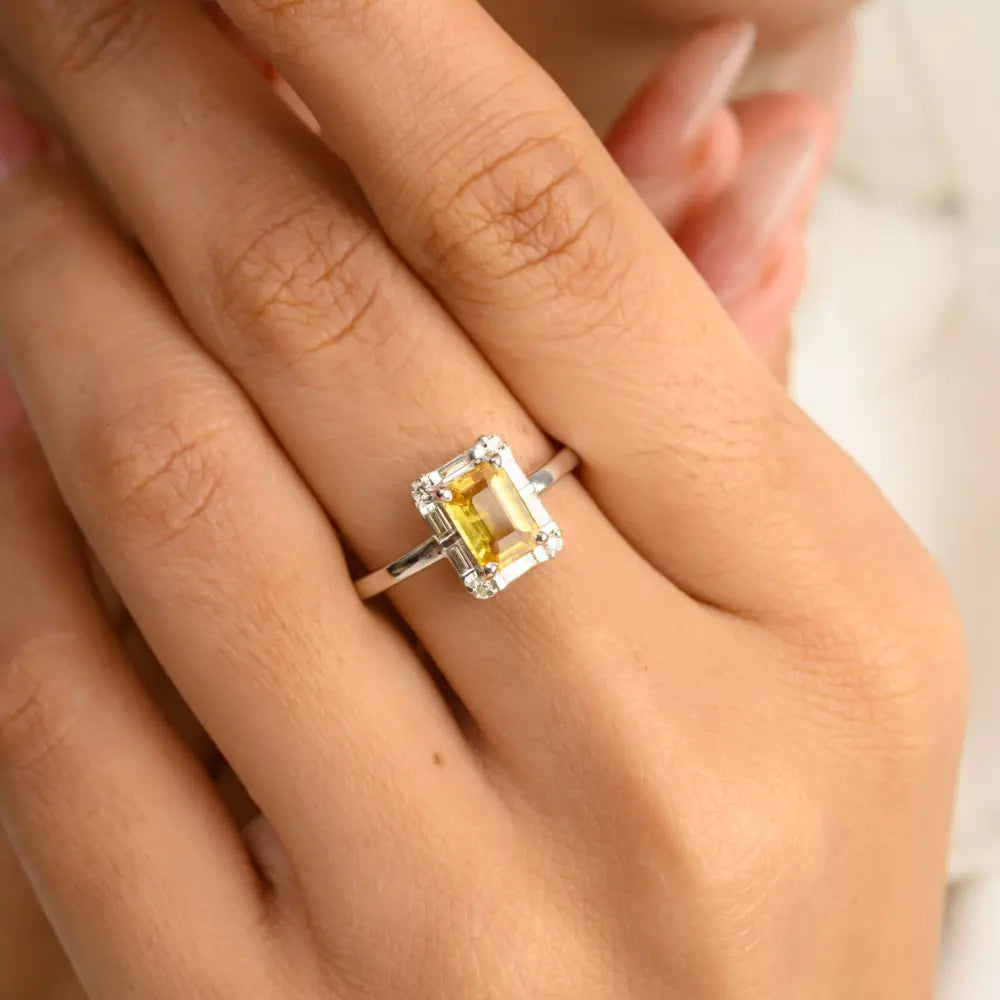 Wholesale Jewelry Octagon Yellow Sapphire & Diamond Halo Birthstone Gold Ring