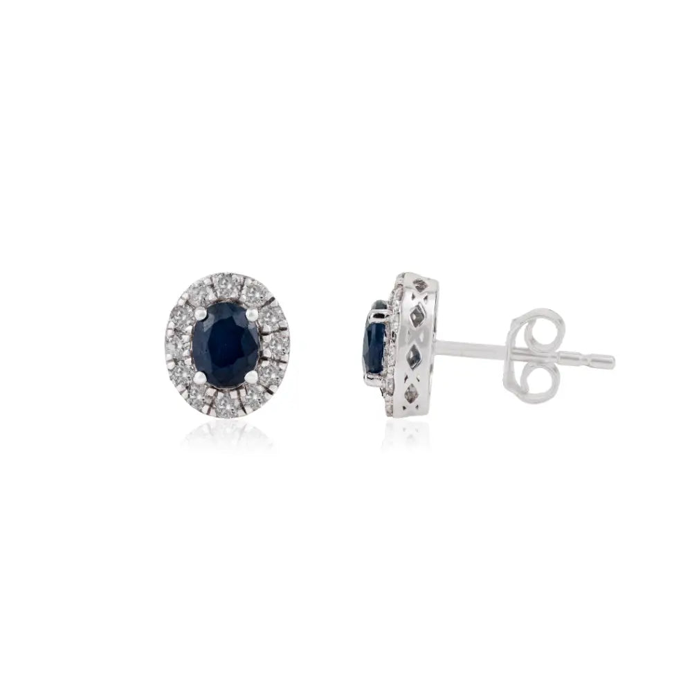 Oval Shape Blue Sapphire & Round Cut Diamond K14 White Gold Halo Stud Earrings For Women's