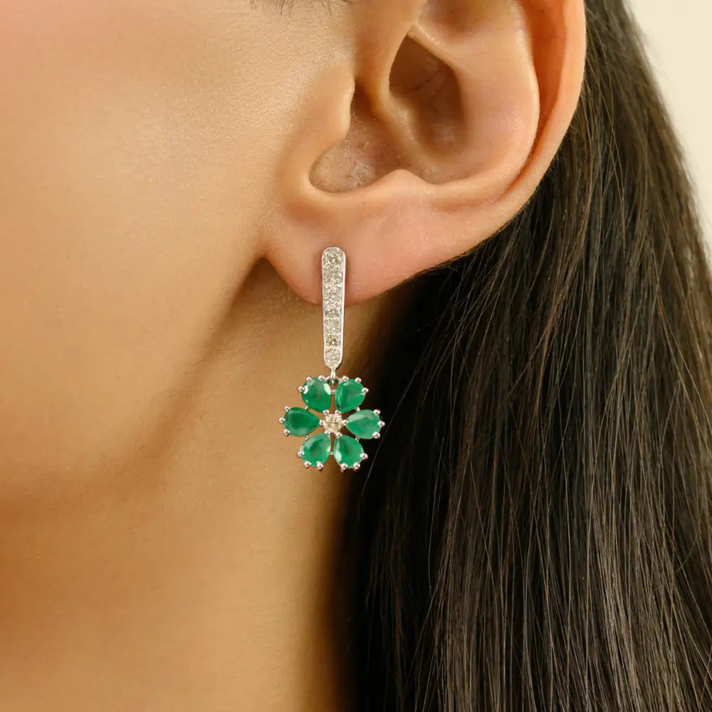 18K White Gold Emerald & Diamond Floral Drop Earrings Handmade May Birthstone Jewelry