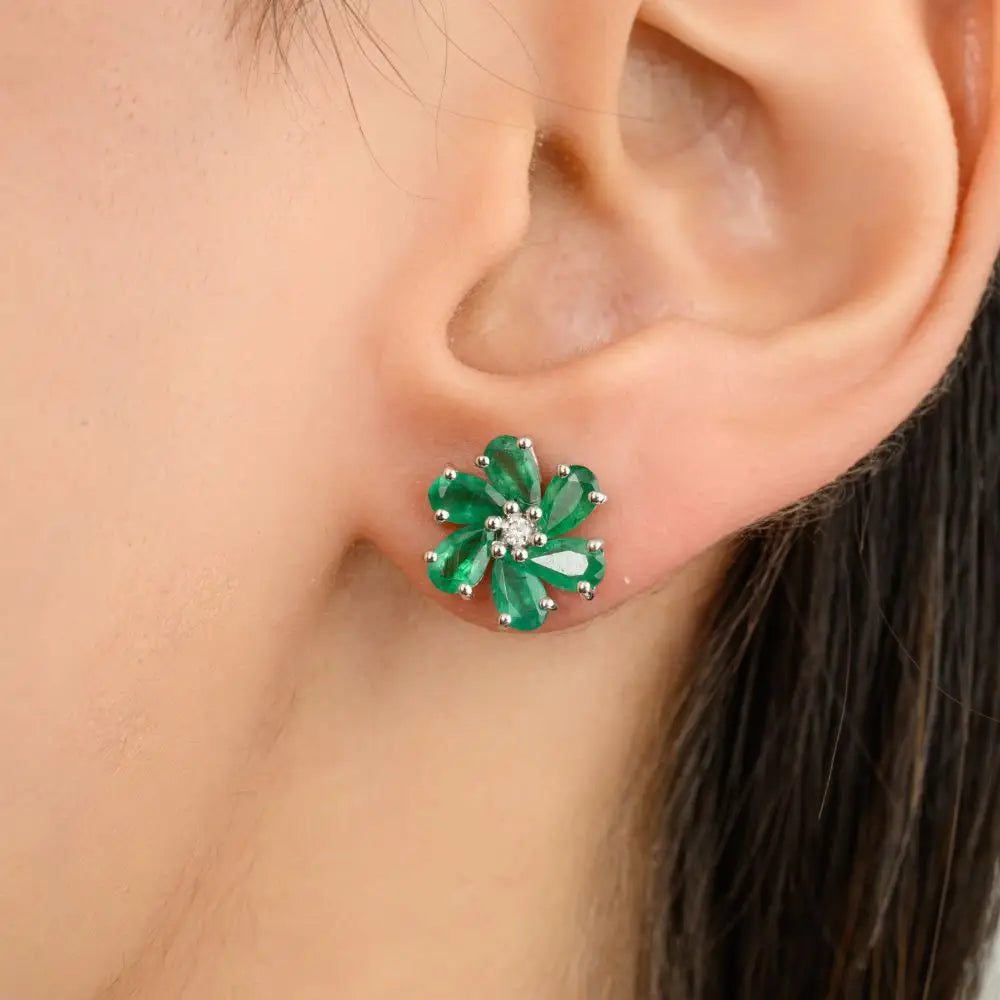 Everyday Jewelry Pear Cut Emerald & Diamond White Gold Flower Stud Earrings