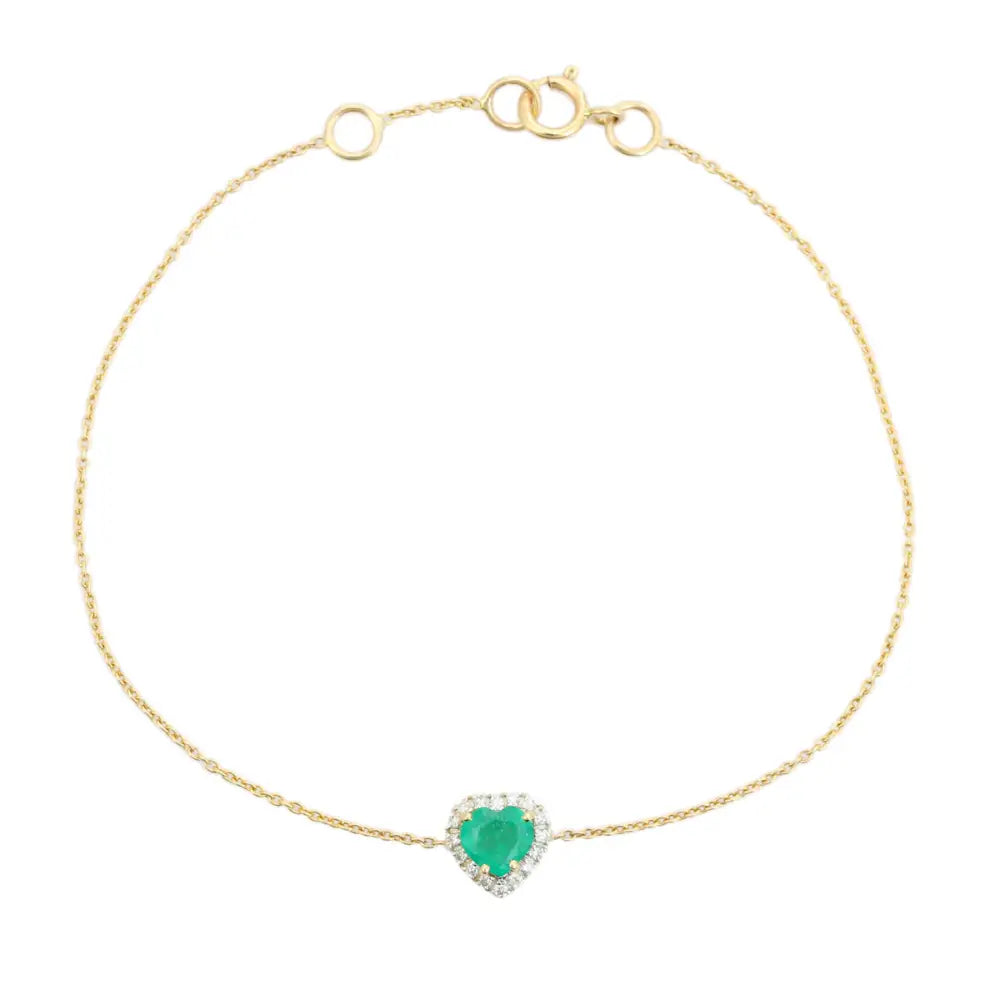Heart Shape Emerald & Round Cut Diamond 14K Solid Yellow Gold Solitaire Halo Bracelet