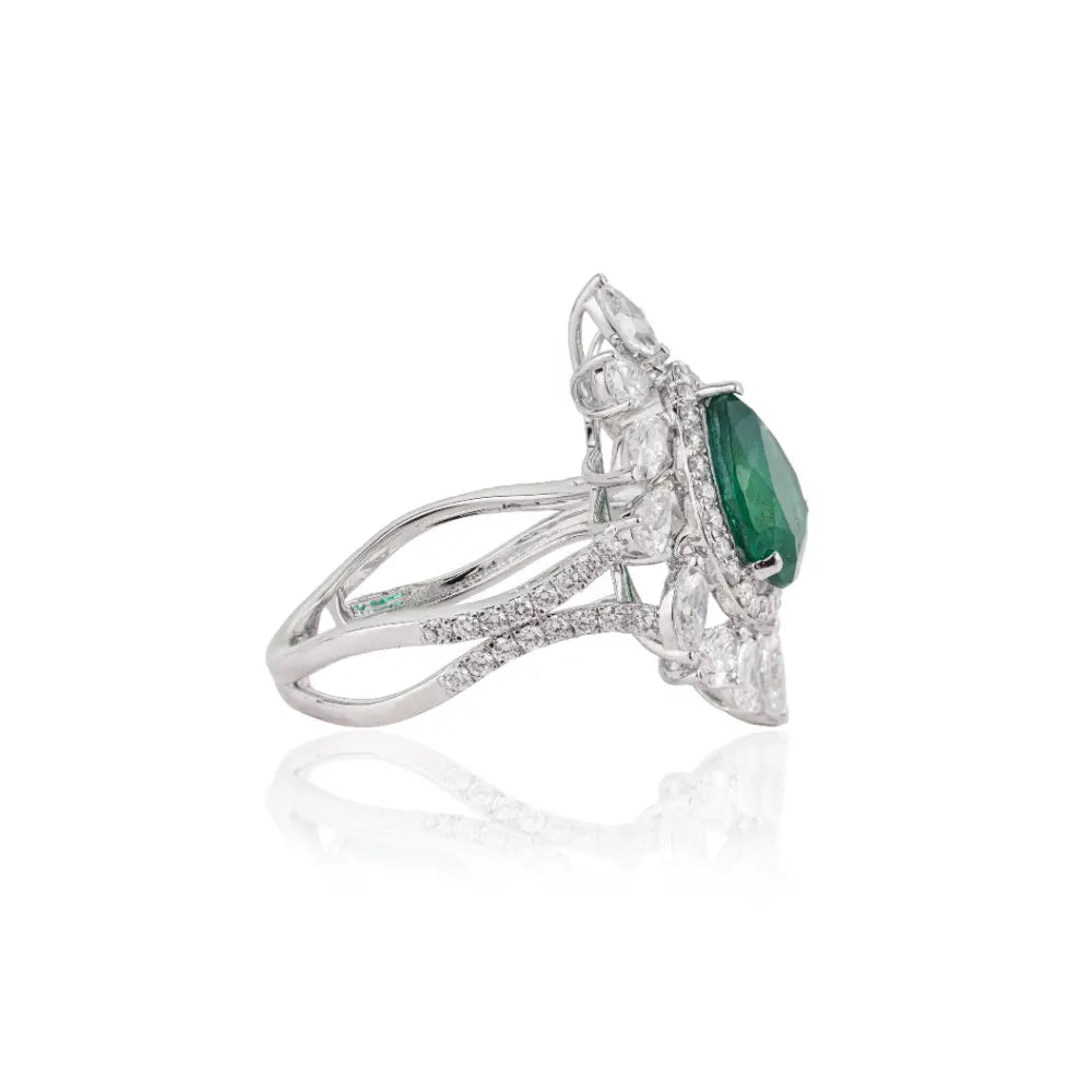 Luxurious Emerald & Diamond 18K White Gold Bold Statement Ring Bridal Wedding Jewelry