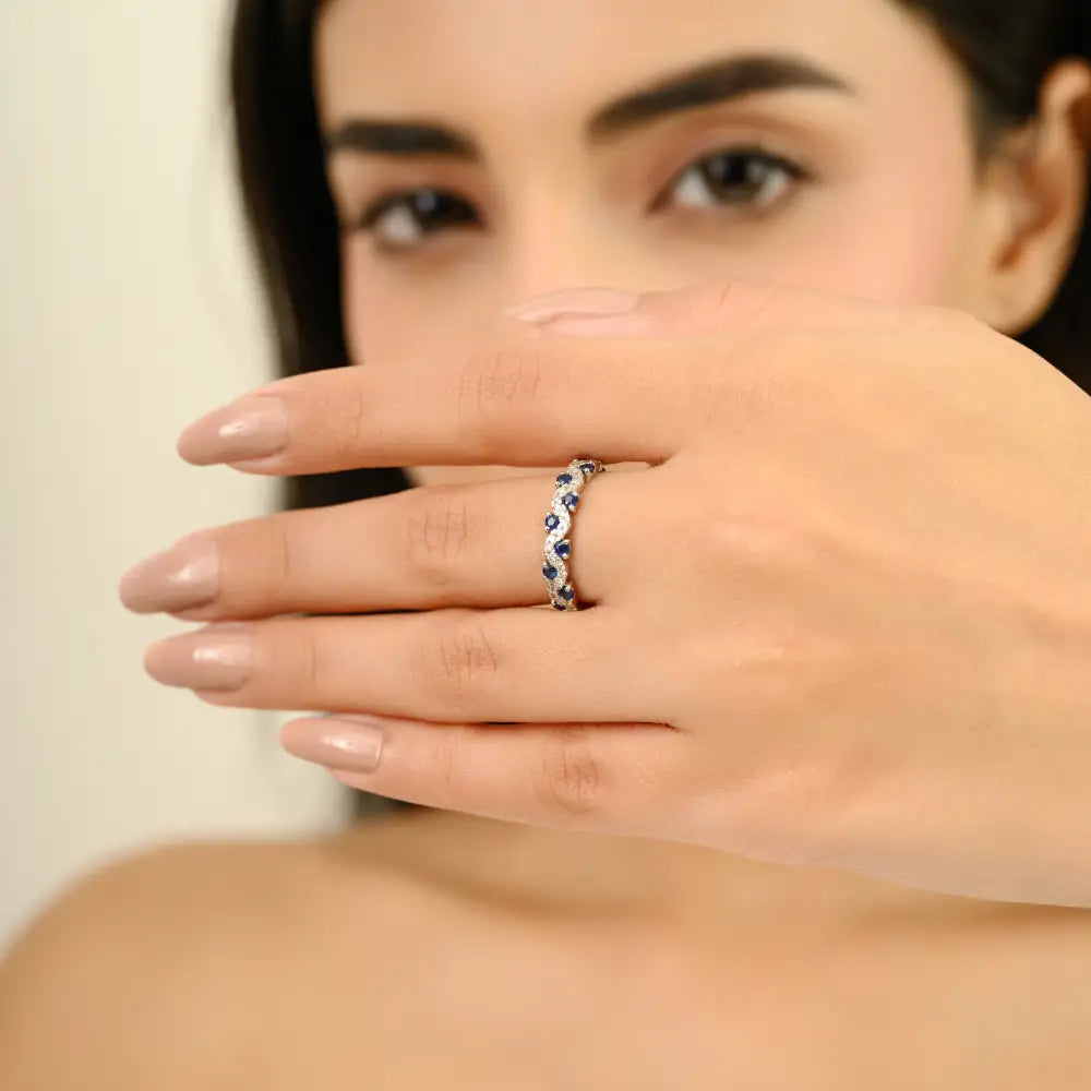 Round Cut Blue Sapphire & Diamond Wavy Shape Half Eternity Band Ring 14K Gold Jewelry