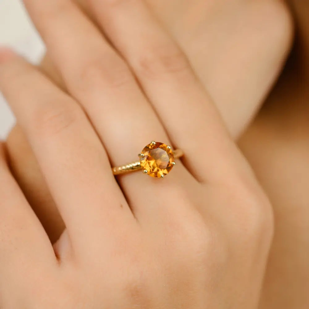 Citrine Round Cut Gemstone Ring November Birthstone 14K Yellow Solid Gold