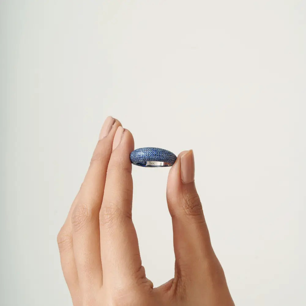 Full Pave Set Blue Sapphire 14K Solid White Gold Chunky Dome Ring For Unisex Custom Jewelry