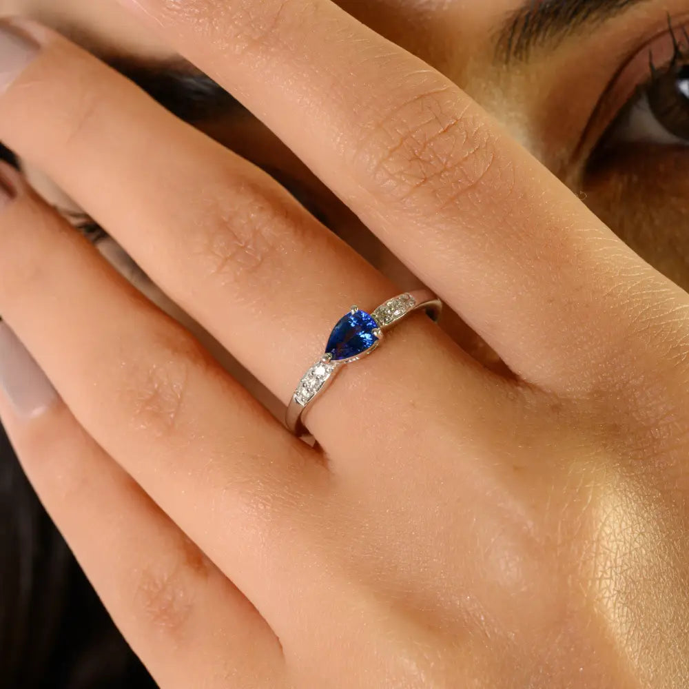 5.5x4 mm Pear Shape Blue Sapphire & Diamond Elegant Engagement Ring 14K White Gold