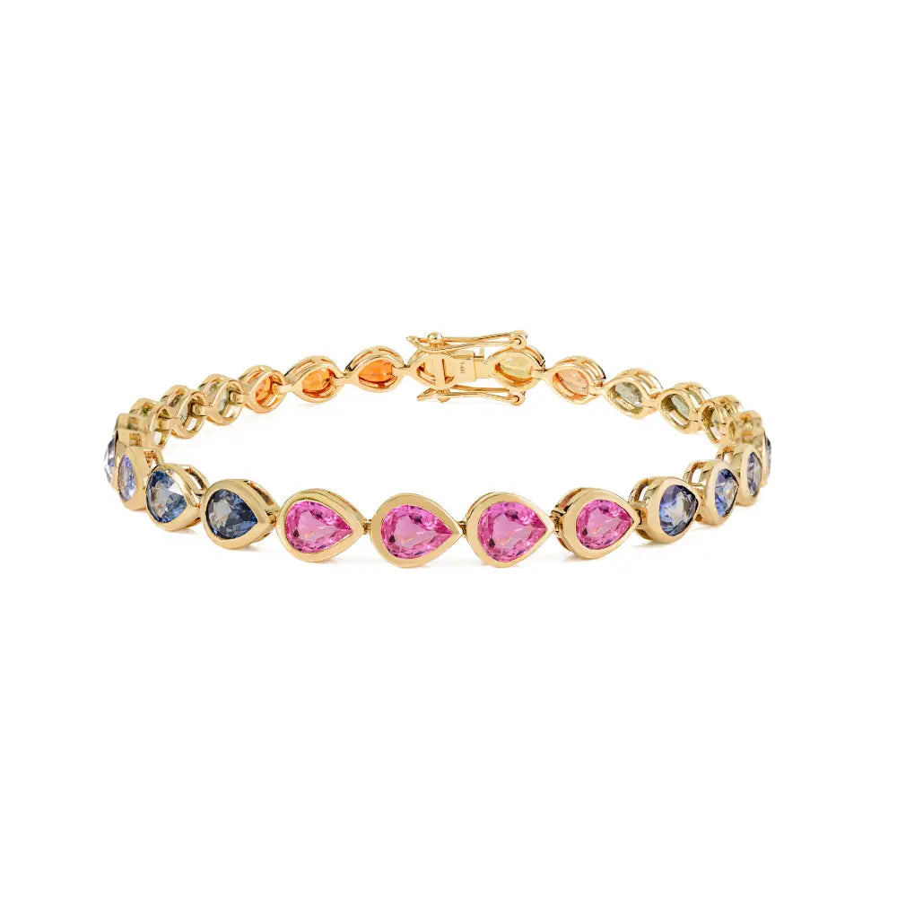 Pear Shape Multi Sapphire Trending 14K Yellow Gold Stackable Tennis Bracelet Bezel Setting