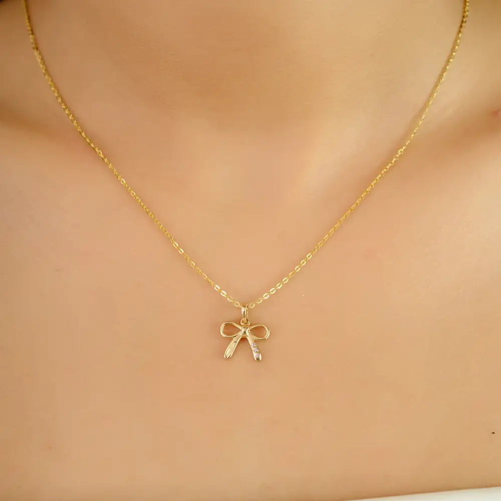 Elegant Classis Style 14K Solid Yellow Gold Pink Sapphire Bow Pendant Minimal Bulk Jewelry