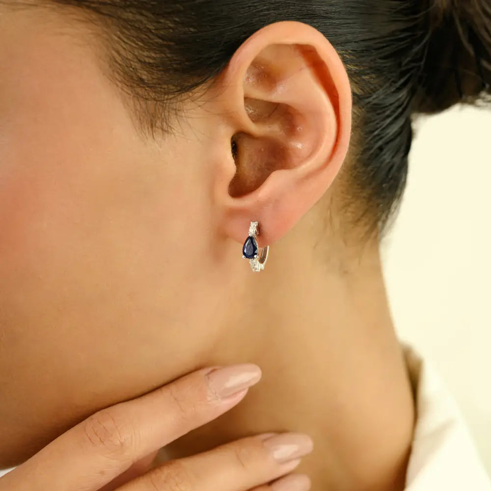 Simple 5x3 mm Pear Blue Sapphire & Diamond Small Hoop Earrings For Women 18K White Gold