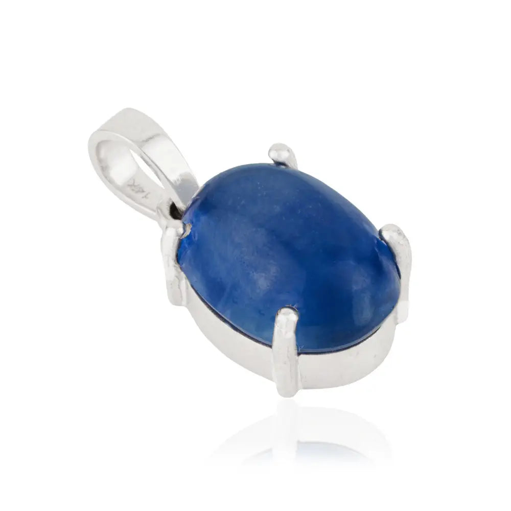 Cabochon Cut Blue Sapphire Single Stone Pendant Pure 14K White Gold September Birthstone