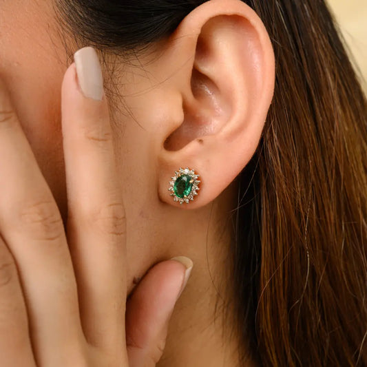 New Arrivals Natural Emerald & Diamond 14K Solid Yellow Gold Stud Earrings