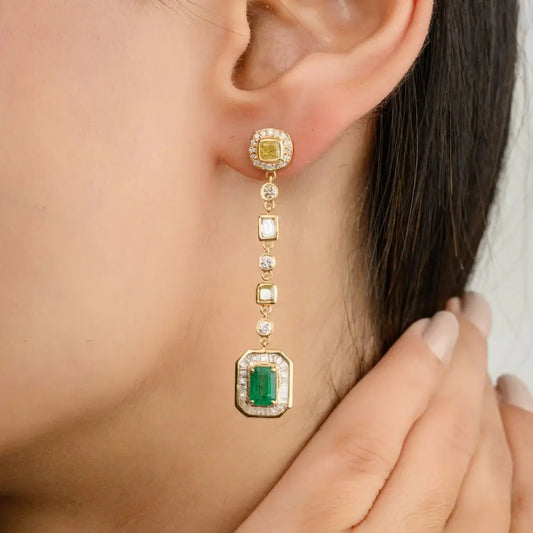 Octagon Shape Emerald & Yellow White Diamond Solid Gold Dangle Earrings