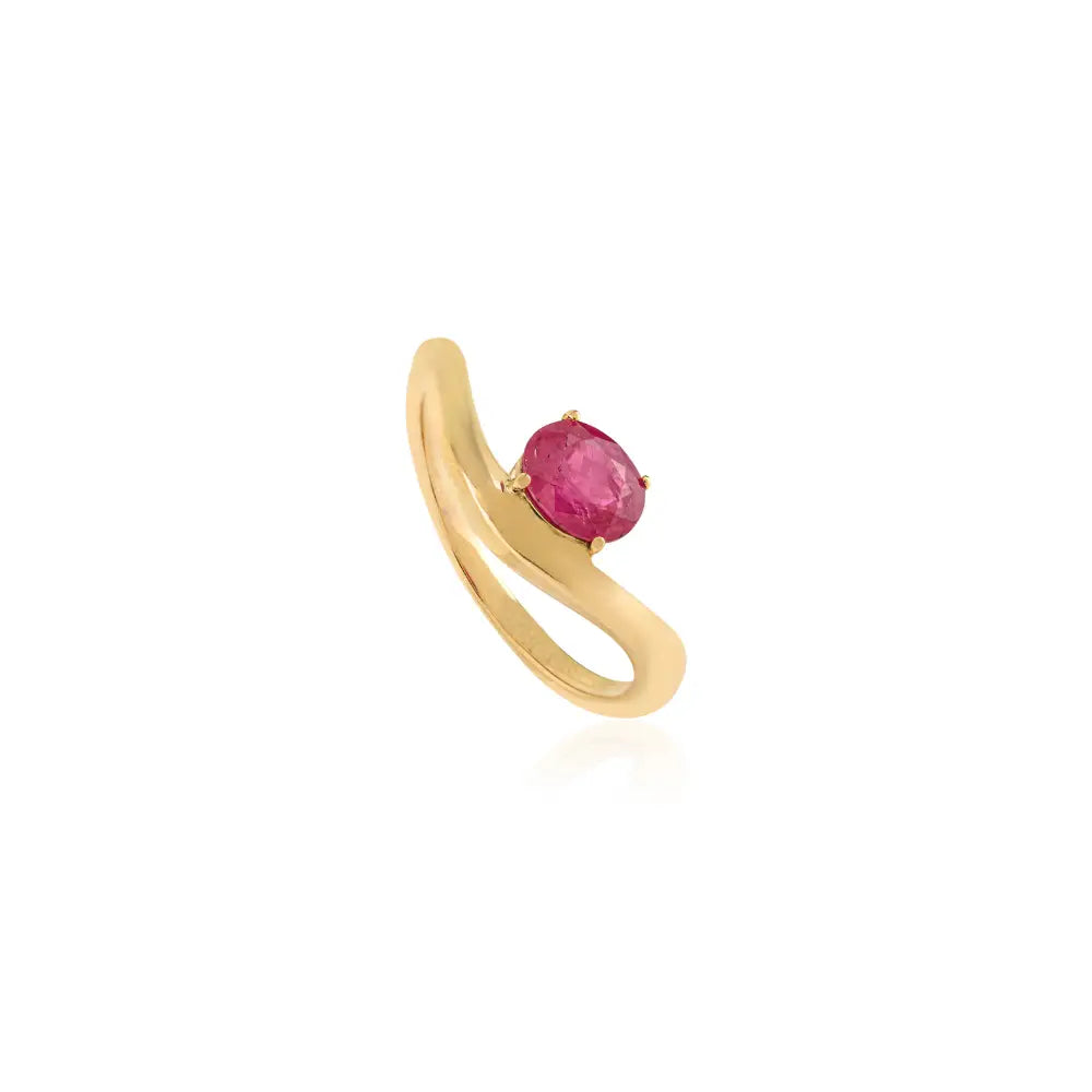Prong Setting Natural Ruby Gemstone Simple Wavy Ring Pure 14K Yellow Gold Gift For Her